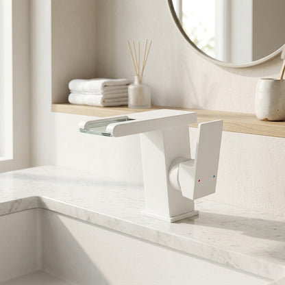 Lagomel waterfall single-hole bathroom faucet, set in a Modern/Minimalist bathroom