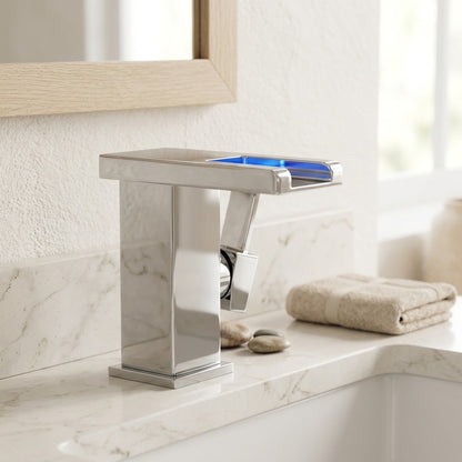 Lagomel waterfall single-hole bathroom faucet, set in a Modern/Minimalist bathroom