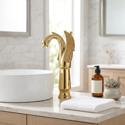 Lagomel vessel sink waterfall single-hole bathroom faucet, set in a Contemporary bathroom