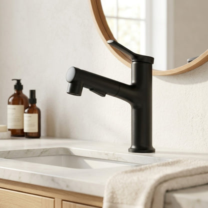 Lagomel pull-out single-hole bathroom faucet in matte black, chrome, set in a Modern/Contemporary bathroom