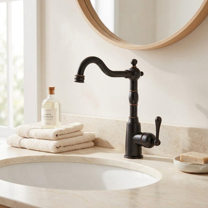 Lagomel single-hole bathroom faucet in oil-rubbed bronze, two-tone / mixed finish, set in a Traditional/Classic/Vintage/Retro bathroom