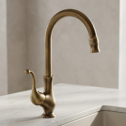 Lagomel single-handle kitchen faucet in antique brass, brushed nickel, set in a Traditional/Classic/Vintage/Retro/Contemporary kitchen