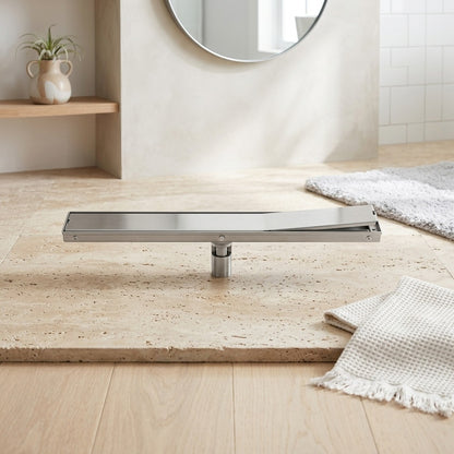 Lagomel linear floor drain, set in a Modern bathroom