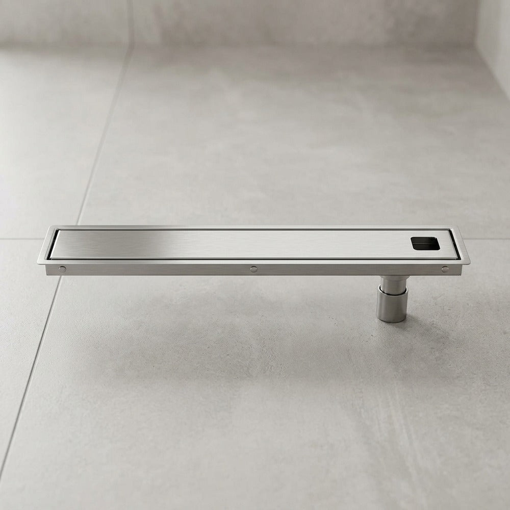 Lagomel linear floor drain, set in a Modern bathroom