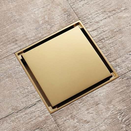 Lagomel square floor drain in antique brass, brushed gold, brushed nickel, champagne bronze, chrome, matte black,, set in a Modern/Contemporary bathroom