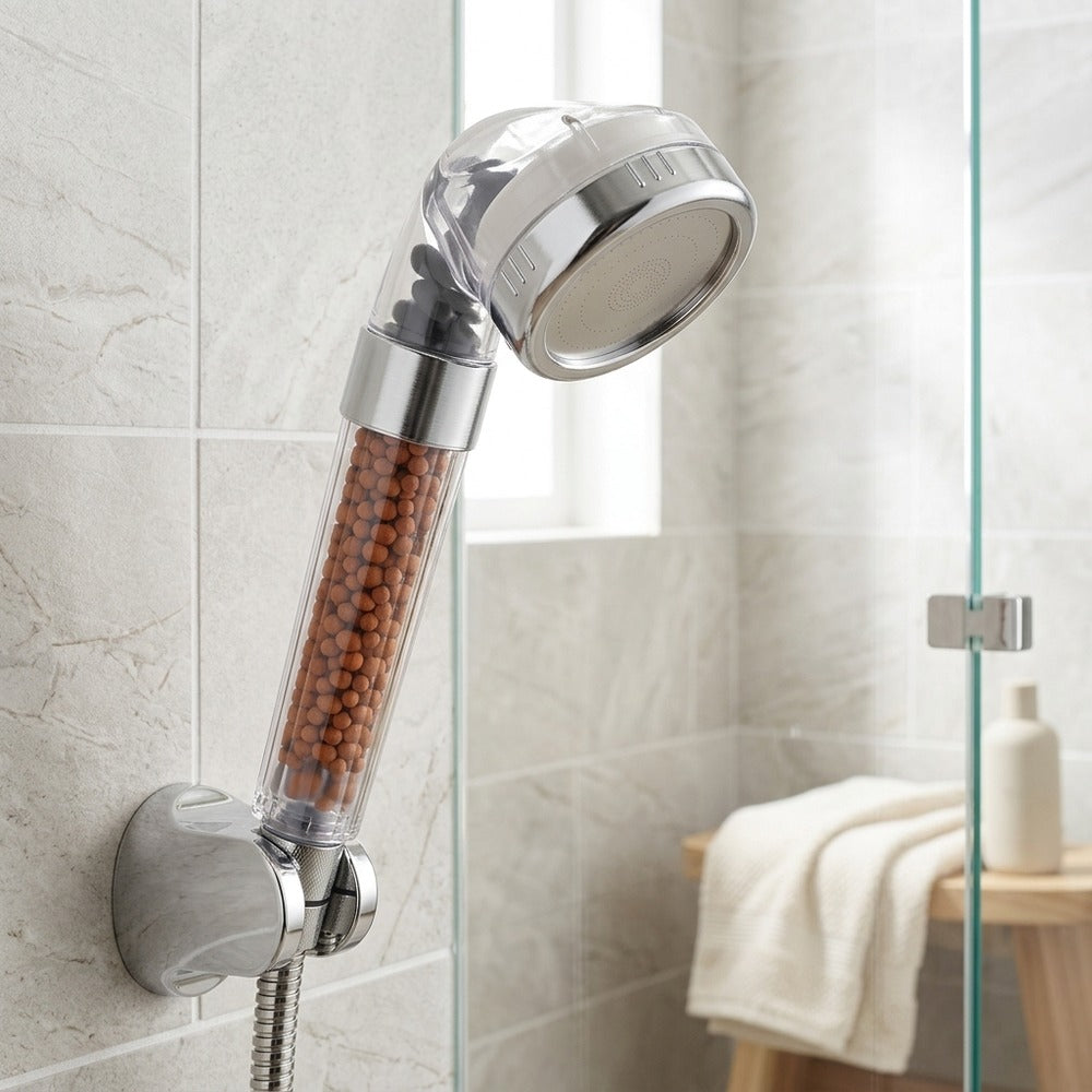 Lagomel hand shower in electroplated, set in a Contemporary bathroom
