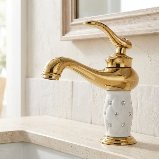 Lagomel single-hole bathroom faucet in chrome, polished gold, set in a Vintage/Retro bathroom