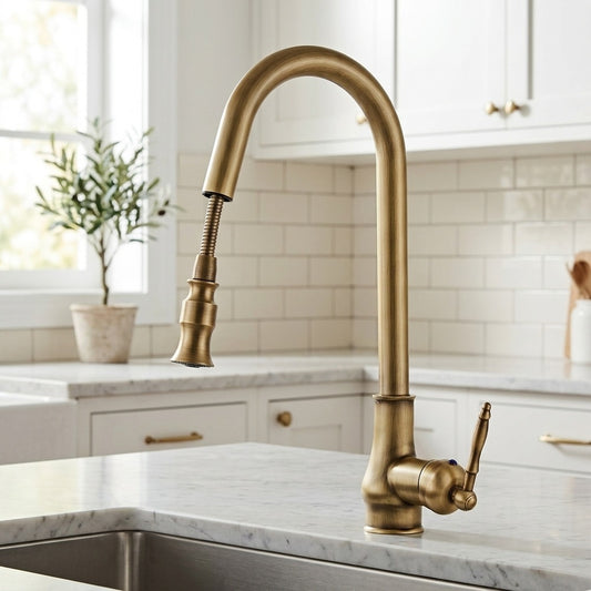 Lagomel single-handle pull-down kitchen faucet in antique brass, oil-rubbed bronze, matte black, set in a Traditional/Classic/Rustic kitchen