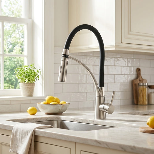 Lagomel single-hole single-handle pull-down kitchen faucet in brushed nickel, set in a Modern/Minimalist kitchen