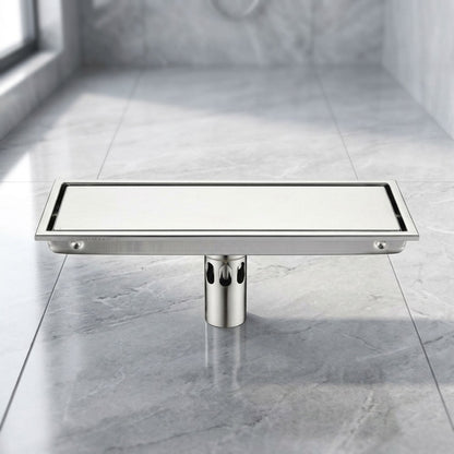 Lagomel linear floor drain, set in a Modern bathroom