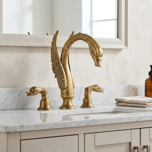 Lagomel widespread bathroom faucet in antique brass, brushed nickel, chrome, matte black, oil-rubbed bronze, polished gold,, set in a Modern/Traditional/Classic/Vintage/Retro bathroom