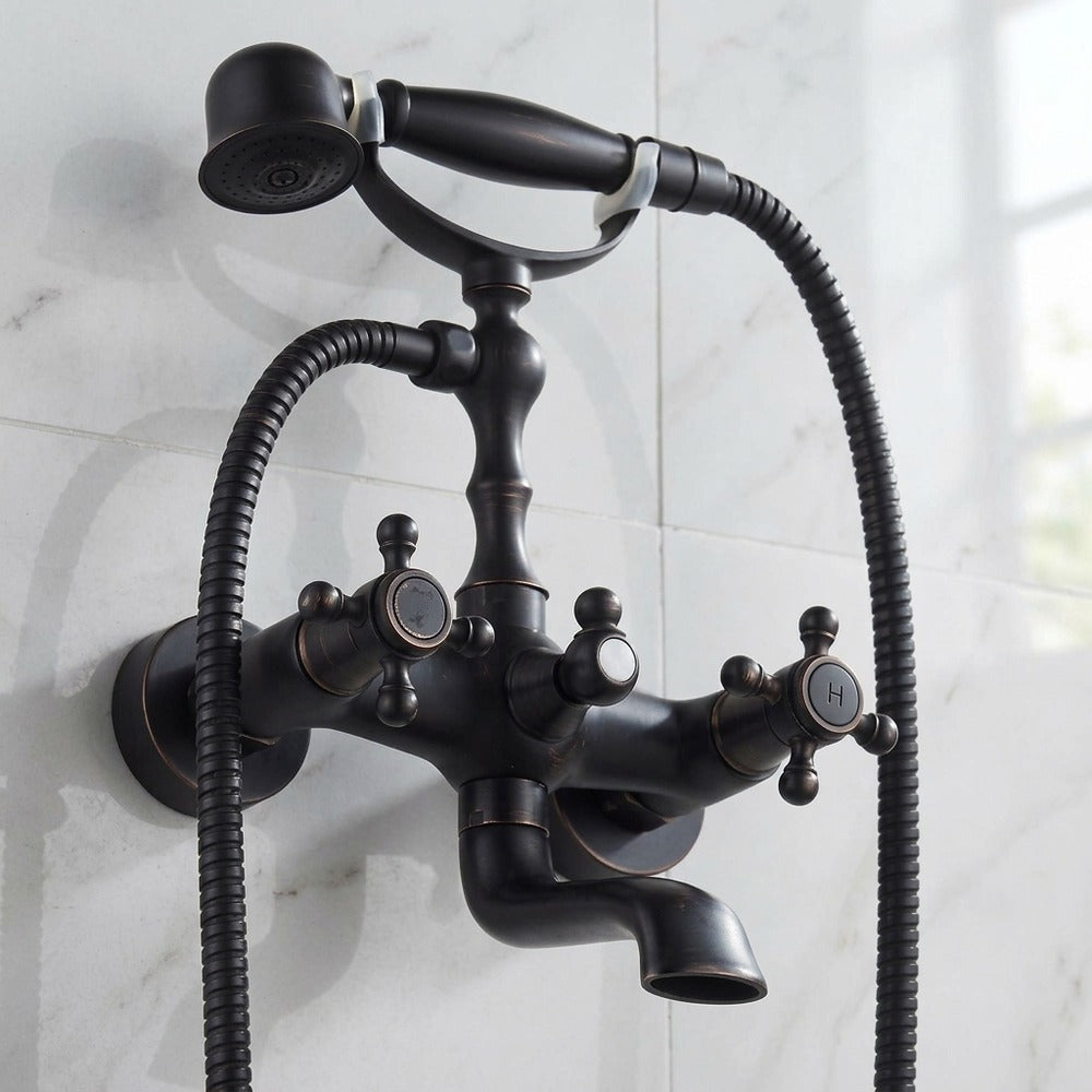 Lagomel double-handle wall-mount tub filler in oil-rubbed bronze, set in a Vintage/Retro/Traditional/Classic bathroom