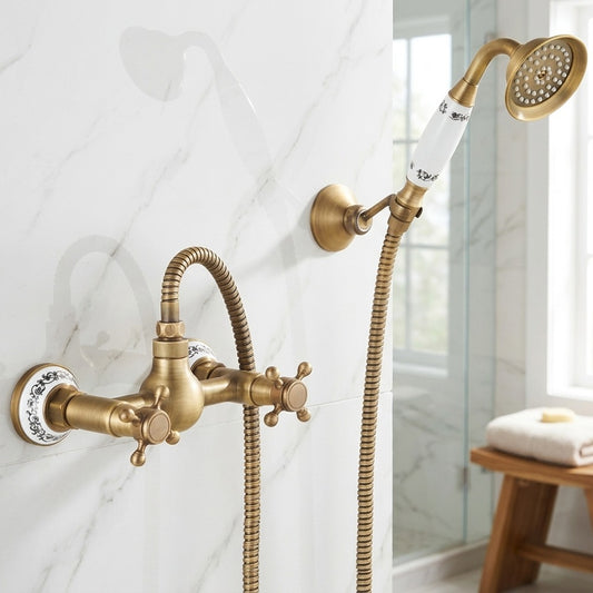 Lagomel wall-mounted double-handle shower faucet in antique brass, brushed nickel, set in a Vintage/Retro bathroom