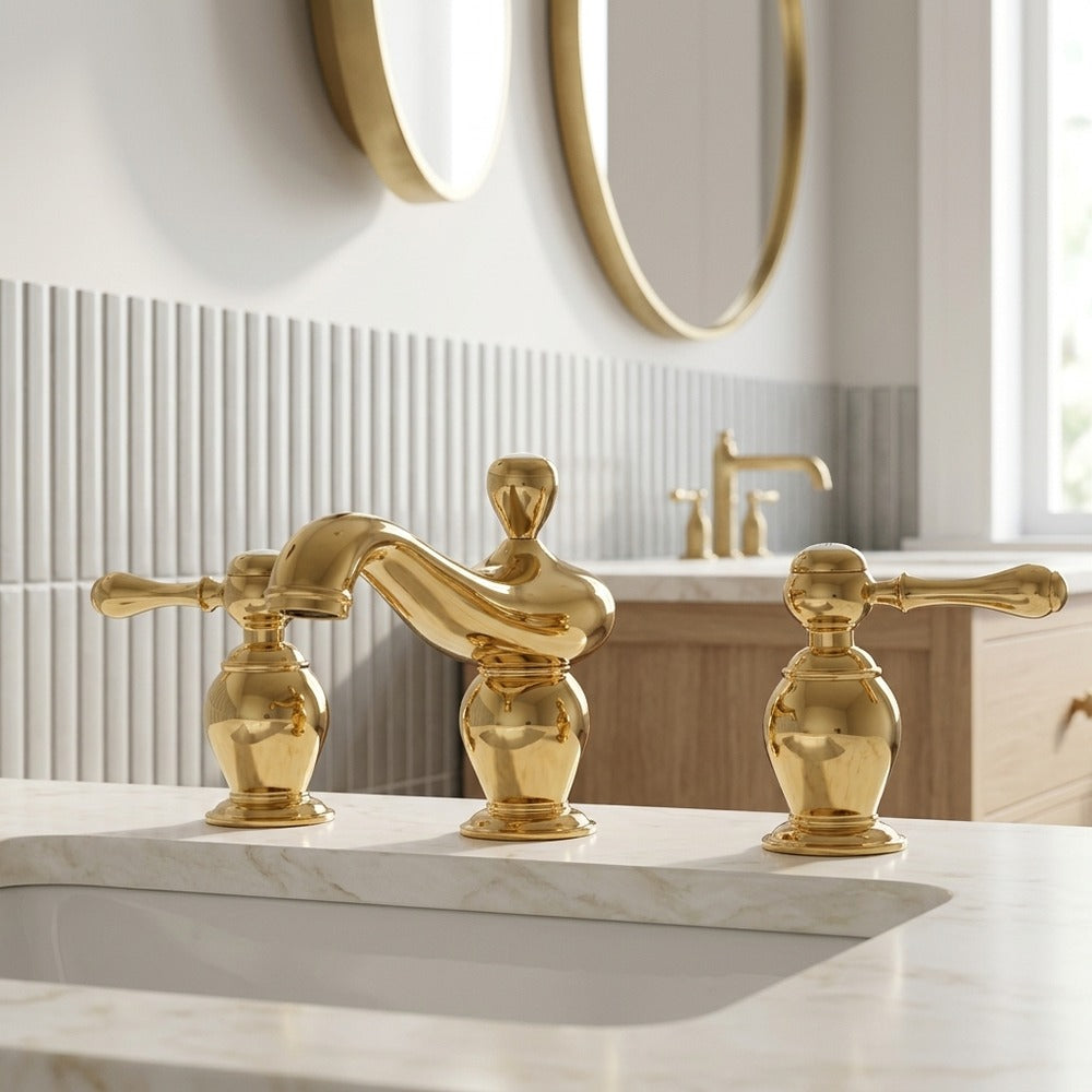 Lagomel widespread bathroom faucet in polished gold, set in a Modern/Contemporary bathroom