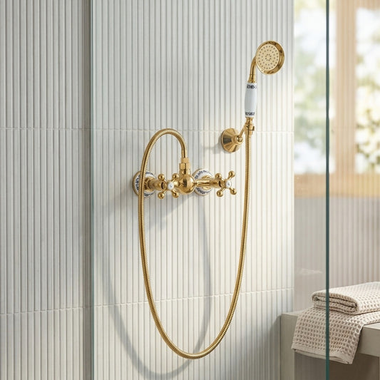 Lagomel wall-mounted shower faucet in antique brass, chrome, matte black, polished gold, set in a Traditional/Classic/Farmhouse/Rustic bathroom