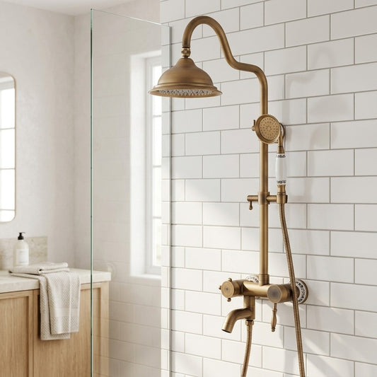Lagomel wall-mounted tub and shower system in antique brass, set in a Vintage/Retro bathroom