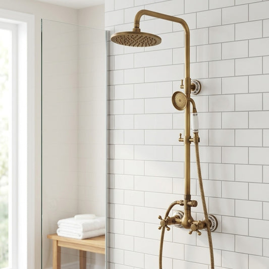 Lagomel wall-mounted complete shower system in antique brass, brushed nickel, set in a Vintage/Retro/Traditional/Classic bathroom