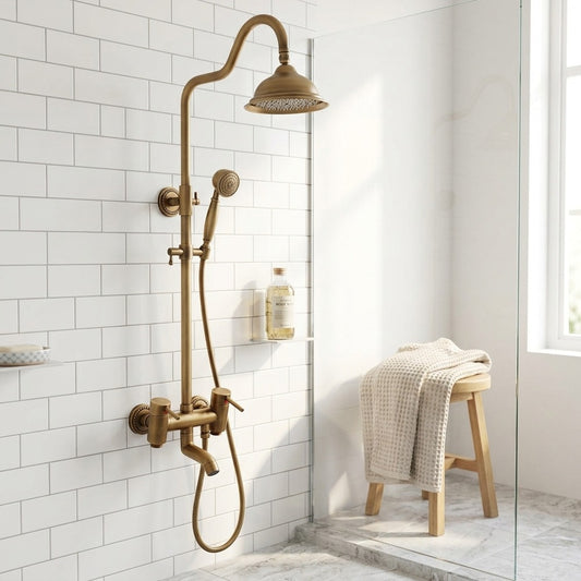 Lagomel wall-mounted tub and shower system in antique brass, brushed nickel, set in a Vintage/Retro/Traditional/Classic bathroom