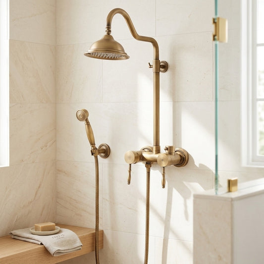 Lagomel wall-mounted single-handle tub and shower system in antique brass, brushed nickel, set in a Vintage/Retro bathroom