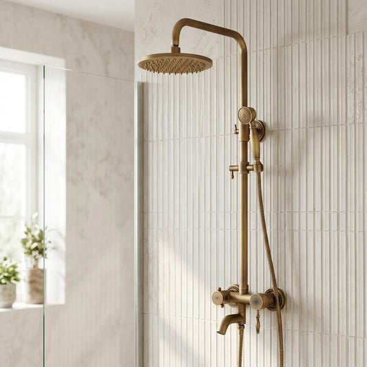 Lagomel wall-mounted tub and shower system in antique brass, set in a Vintage/Retro bathroom