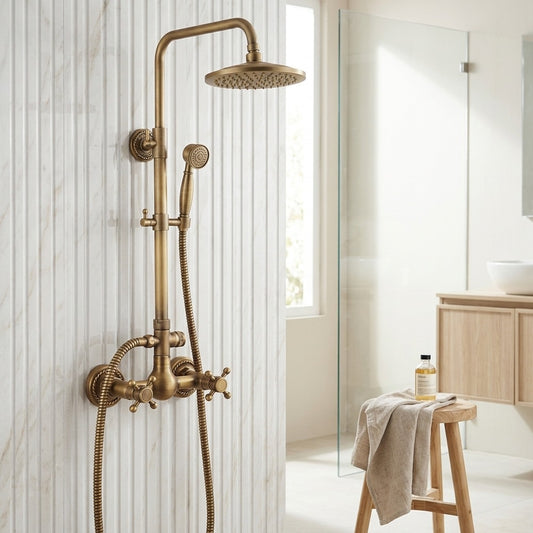 Lagomel wall-mounted complete shower system in antique brass, brushed nickel, set in a Vintage/Retro/Traditional/Classic bathroom
