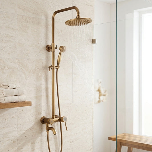 Lagomel wall-mounted tub and shower system in antique brass, rustic nickel, set in a Traditional/Classic/Vintage/Retro bathroom