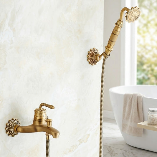 Lagomel single-handle wall-mount tub filler in antique brass, brushed nickel, set in a Vintage/Retro/Farmhouse bathroom