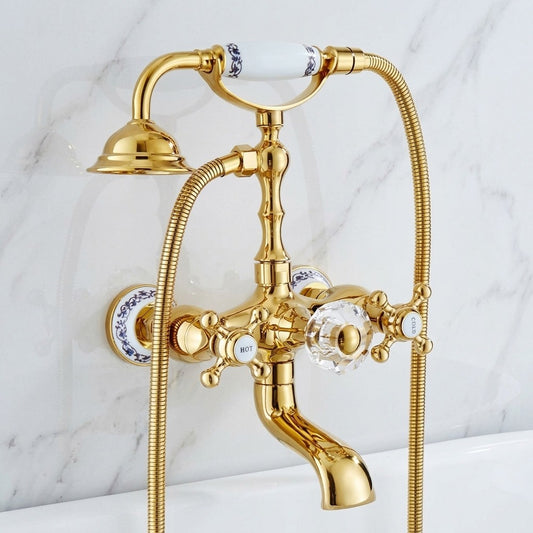 Lagomel wall-mount tub filler in polished gold, set in a Vintage/Retro/Contemporary bathroom