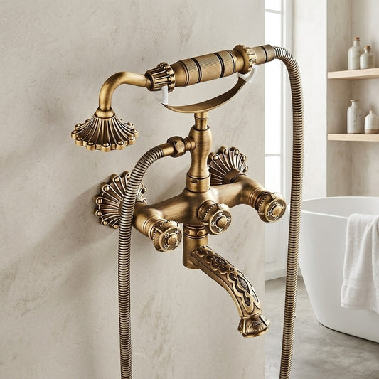 Lagomel double-handle wall-mount tub filler in antique brass, brushed nickel, set in a Vintage/Retro/Traditional/Classic bathroom