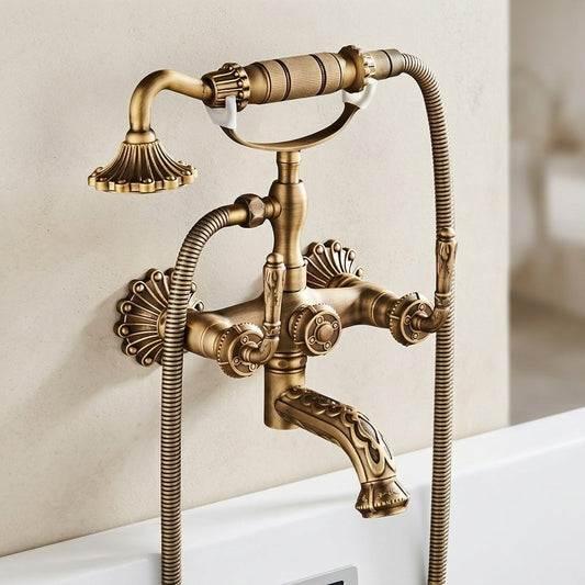 Lagomel wall-mount tub filler in antique brass, brushed nickel, set in a Traditional/Classic/Vintage/Retro bathroom