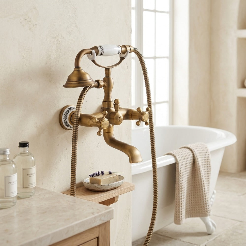 Lagomel wall-mount tub filler, set in a Vintage/Retro/Art Deco bathroom
