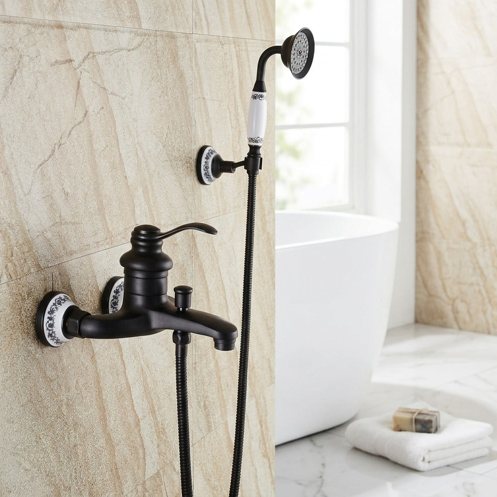 Lagomel single-handle wall-mount tub filler in antique brass, matte black, brushed brass, copper, set in a Traditional/Classic/Farmhouse/Rustic bathroom