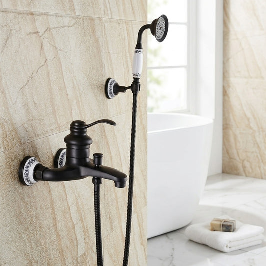 Lagomel single-handle wall-mount tub filler in antique brass, matte black, brushed brass, copper, set in a Traditional/Classic/Farmhouse/Rustic bathroom