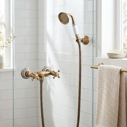 Lagomel wall-mounted shower faucet in antique brass, brushed nickel, set in a Vintage/Retro bathroom