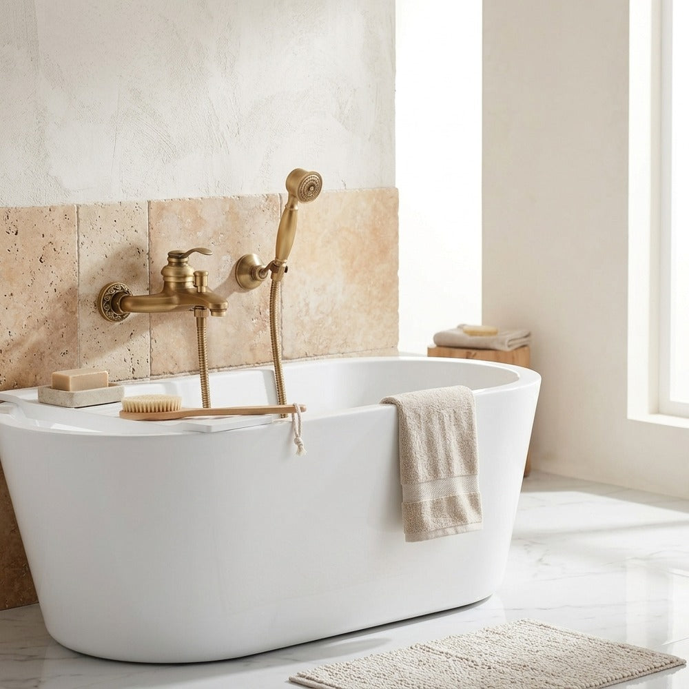 Lagomel single-handle wall-mount tub filler, set in a Modern/Contemporary/Minimalist bathroom