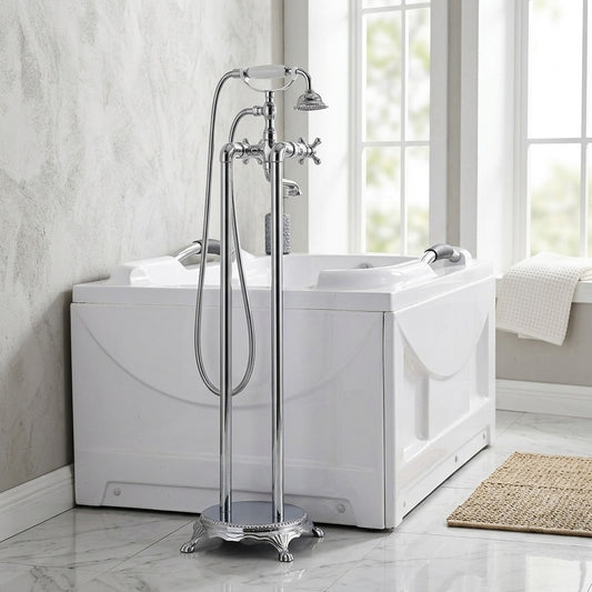 Lagomel double-handle freestanding tub filler in antique brass, chrome, matte black, set in a Traditional/Classic bathroom