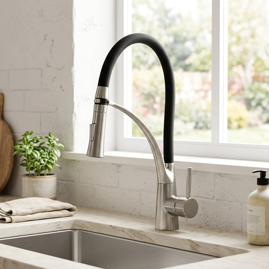 Lagomel single-hole single-handle pull-down kitchen faucet in brushed nickel, set in a Modern/Minimalist kitchen