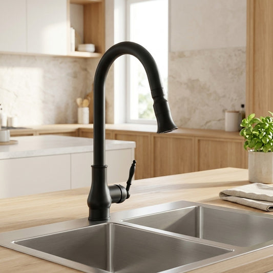 Lagomel single-handle pull-down kitchen faucet in antique brass, matte black, set in a Traditional/Classic kitchen
