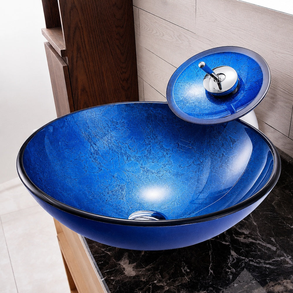 Blue Tempered Glass Vessel Sink, Chrome Single-Handle Waterfall Faucet with Pop-Up Drain / Mounting Ring