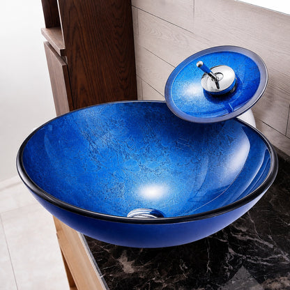 Blue Tempered Glass Vessel Sink, Chrome Single-Handle Waterfall Faucet with Pop-Up Drain / Mounting Ring