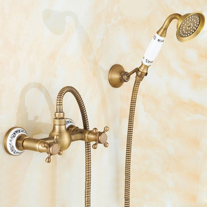 Lagomel wall-mounted double-handle shower faucet in antique brass, set in a Vintage/Retro/Traditional/Classic bathroom
