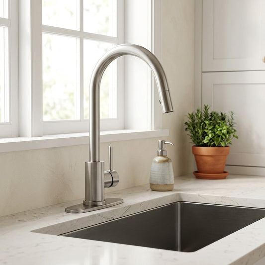Lagomel single-handle kitchen faucet in brushed nickel, matte black, gunmetal, set in a Modern kitchen