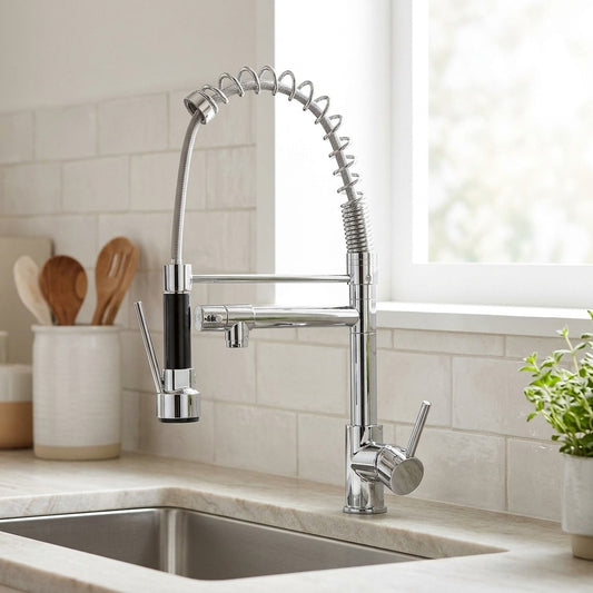 Lagomel single-handle pre-rinse kitchen faucet in chrome, set in a Modern/Contemporary kitchen