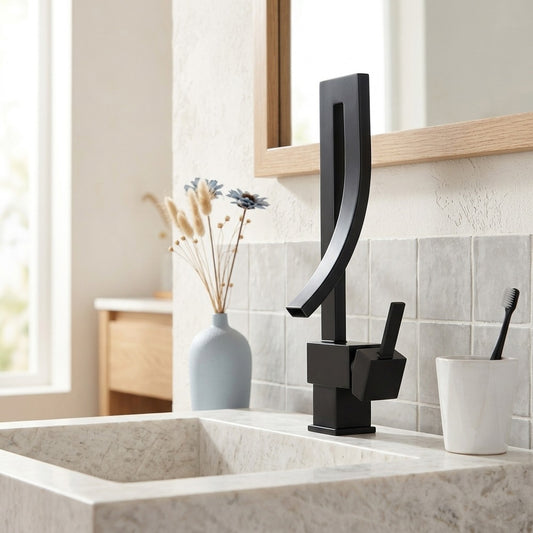 Lagomel single-hole waterfall vessel sink faucet in brushed gold, brushed nickel, chrome, matte black, set in a Modern/Contemporary bathroom
