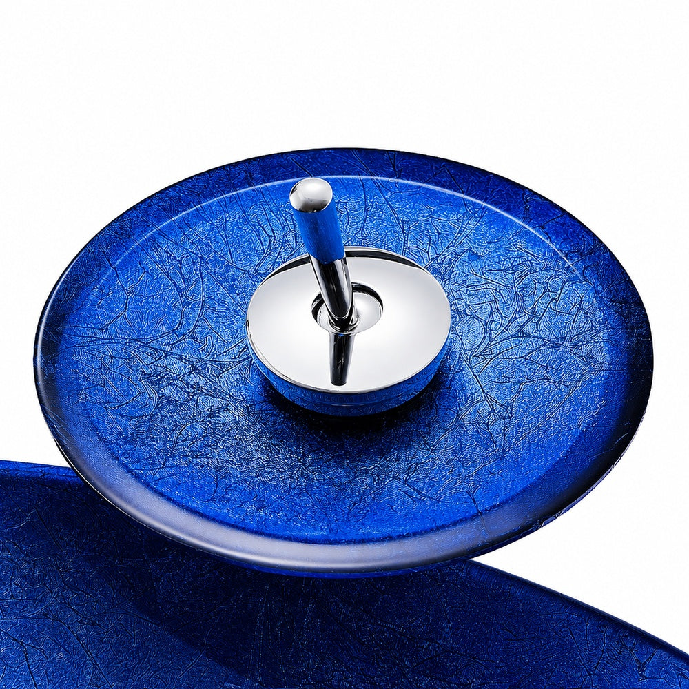 Blue Tempered Glass Vessel Sink, Chrome Single-Handle Waterfall Faucet with Pop-Up Drain / Mounting Ring