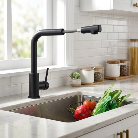 Lagomel single-handle pull-down kitchen faucet in matte black, set in a Modern/Contemporary kitchen