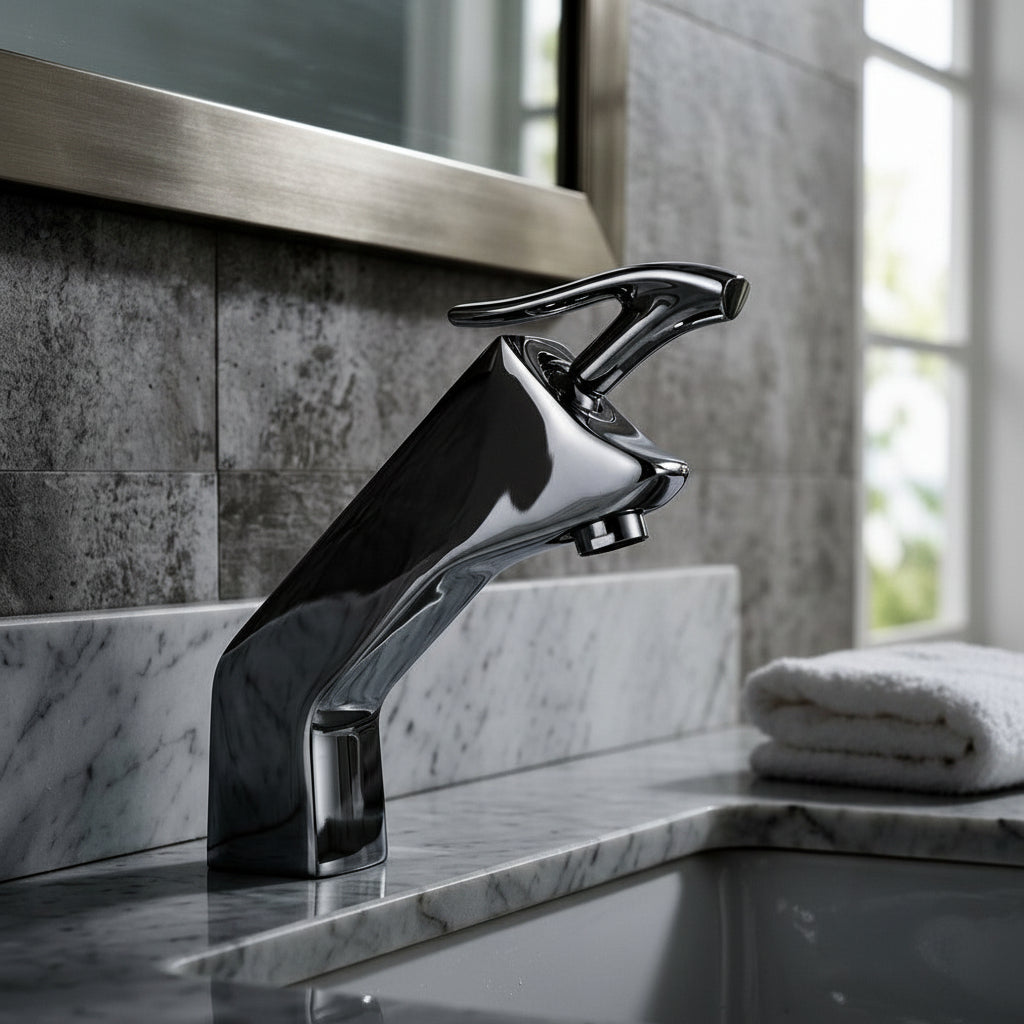 Lagomel single-hole bathroom faucet in chrome, two-tone / mixed finish, set in a Vintage/Retro/Traditional/Classic bathroom