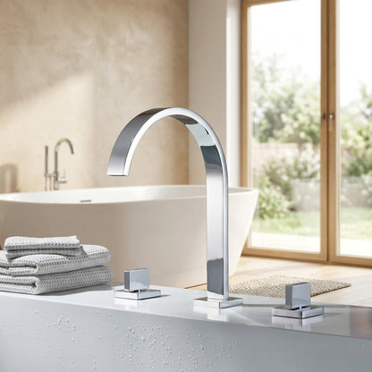 Lagomel waterfall deck-mount tub filler, set in a Modern/Contemporary bathroom