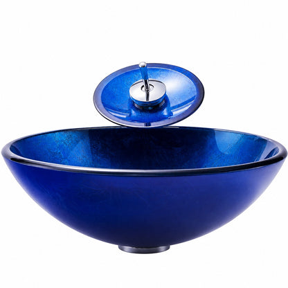 Blue Tempered Glass Vessel Sink, Chrome Single-Handle Waterfall Faucet with Pop-Up Drain / Mounting Ring