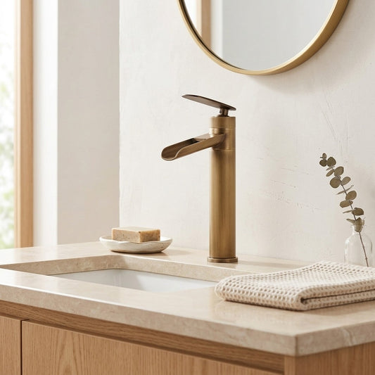 Lagomel waterfall single-handle vessel sink faucet in antique brass, brushed nickel, matte black, matte white, two-tone, set in a Contemporary bathroom